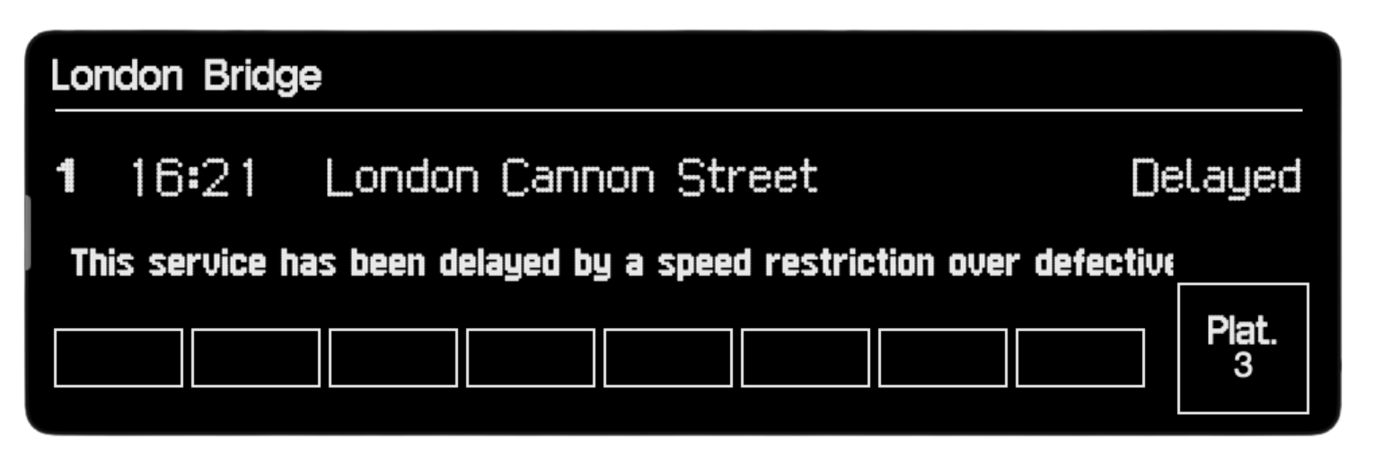 Platform’s Display view showing example UK train departure information