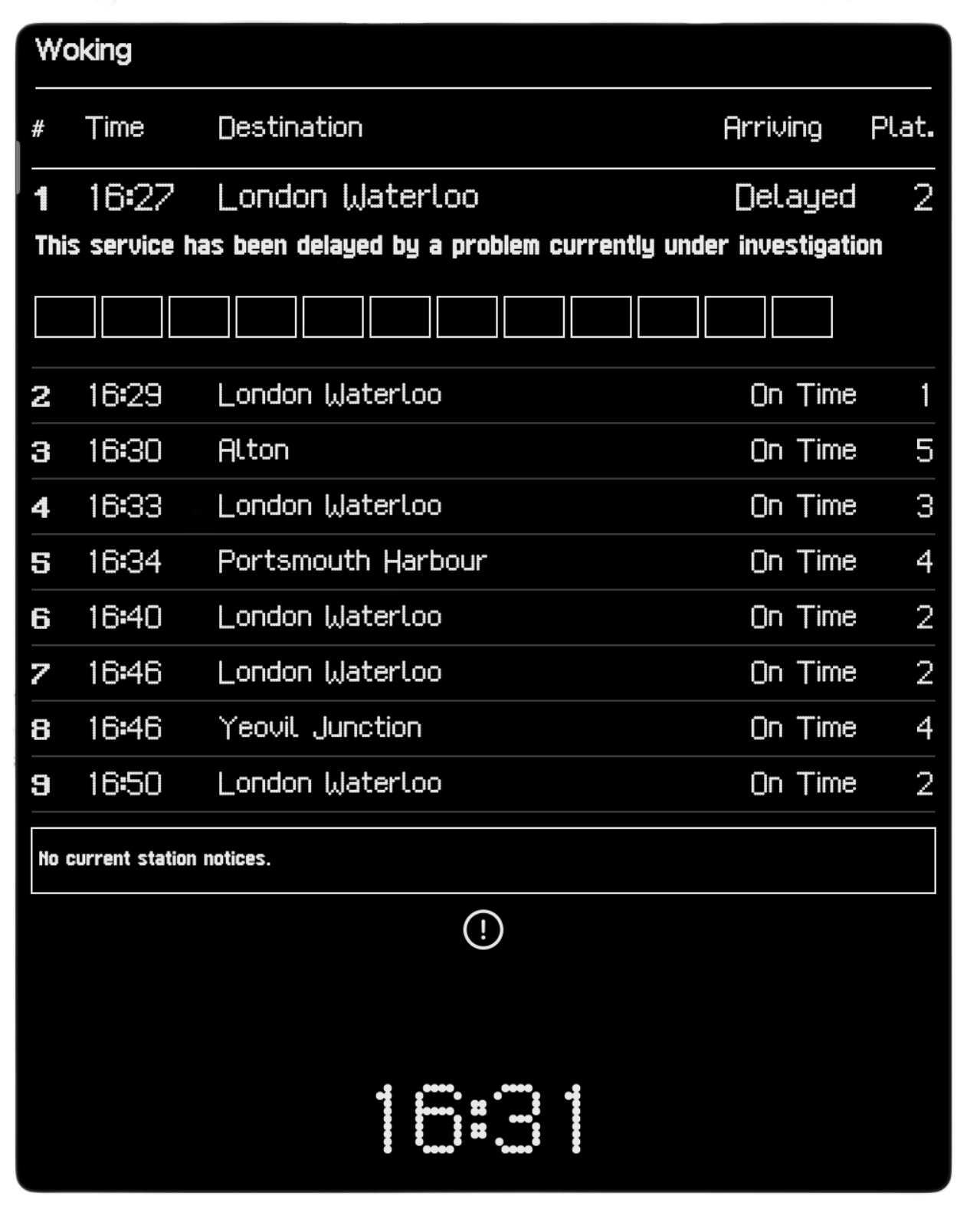 Platform’s List view showing example UK train departure information